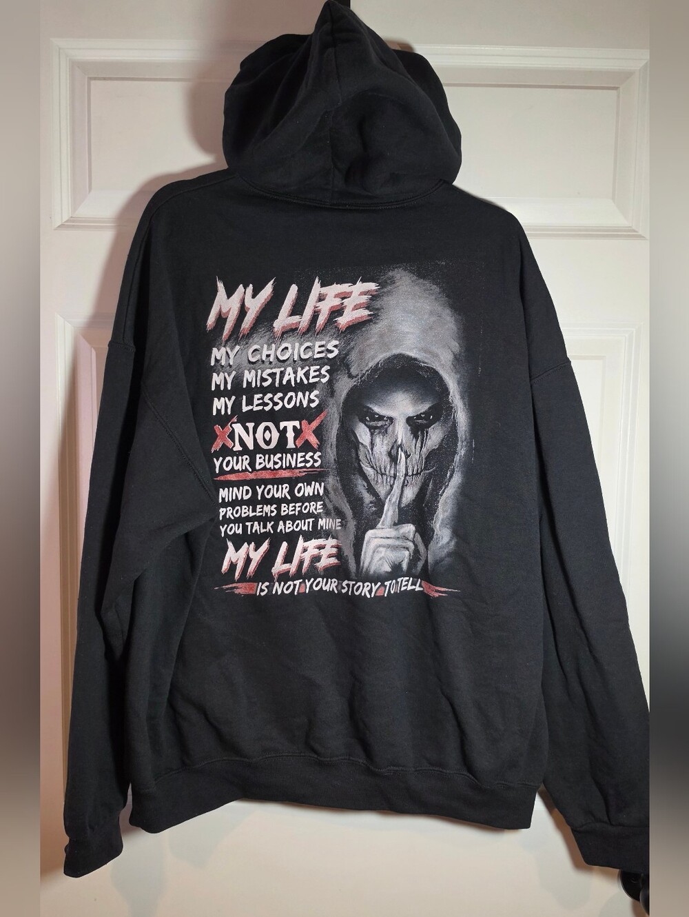 Jerzees Black Graphic Hoodie Sweatshirt with 'My Life' Skull Design 2XL